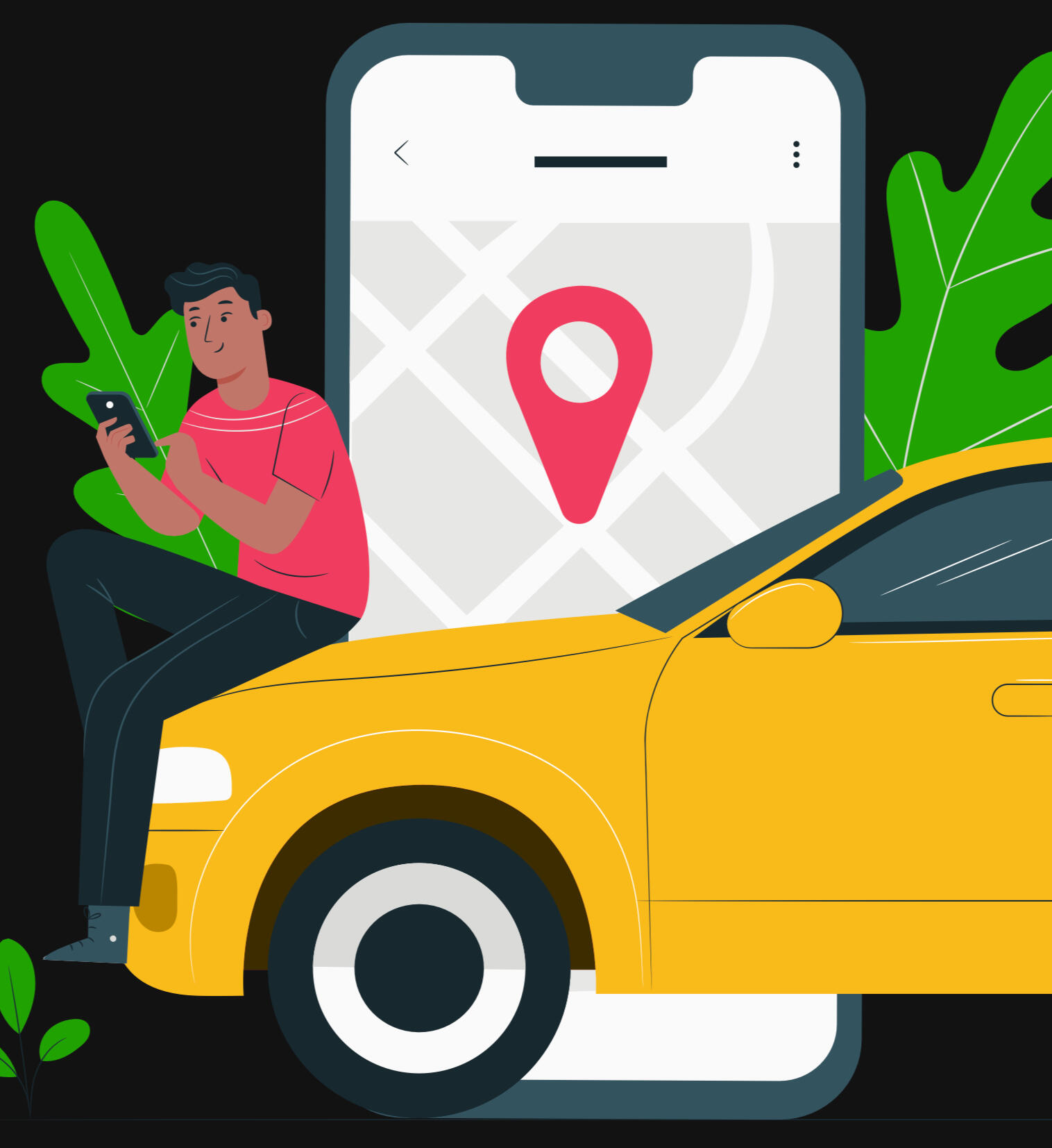 gele taxi met telefoon app op de achtergrond en man op motorkap